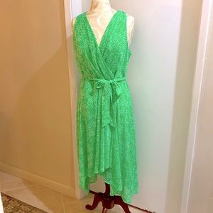 DKNY Bright Green White Lined Ruched Hi Low Lightweight Belted Zip Up Dress 16